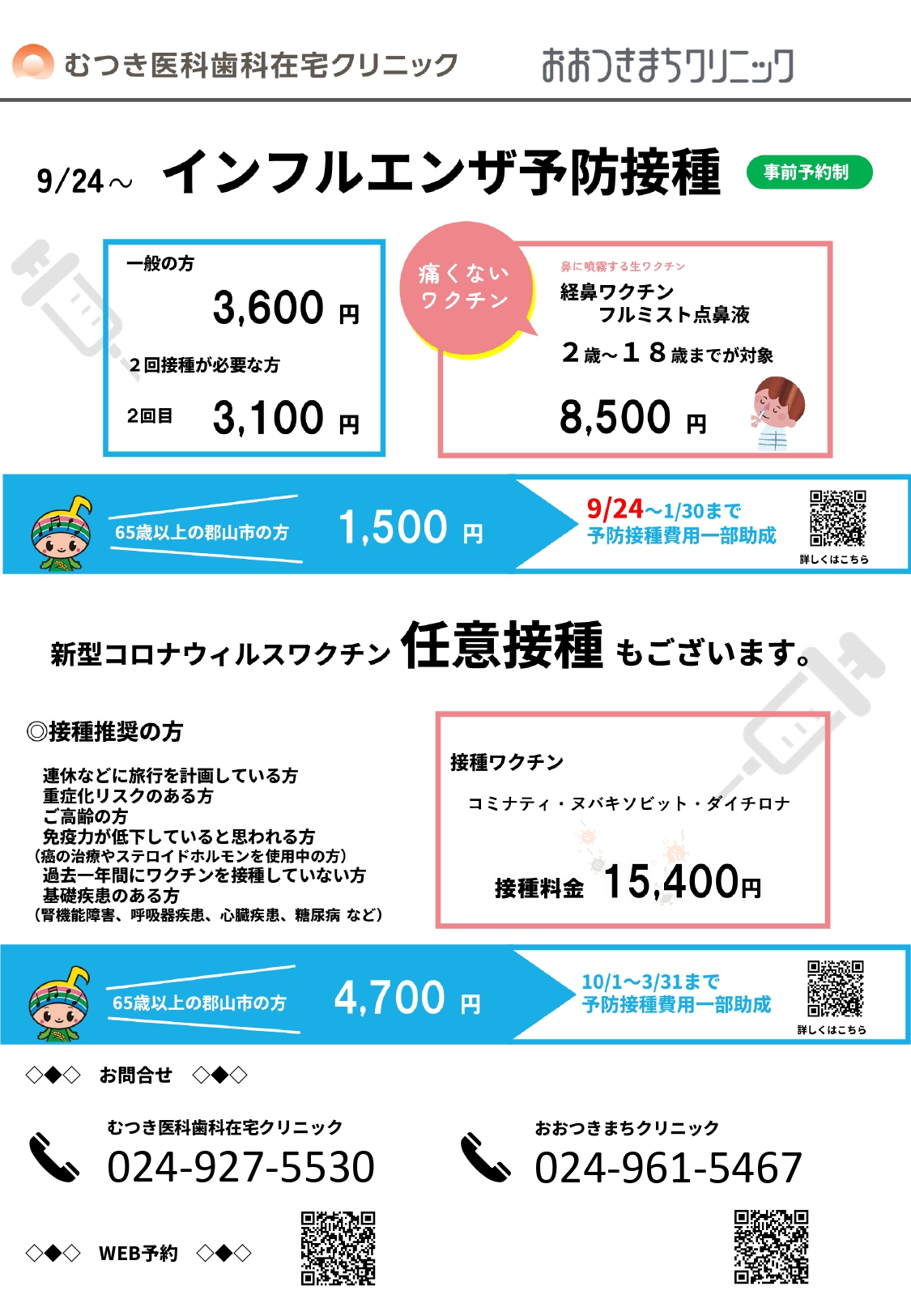 インフルエンザ予防接種・新型コロナウイルスワクチン任意接種